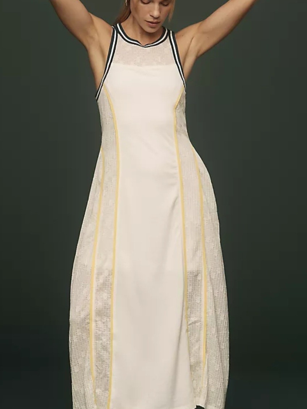 Anthropology Sleeveless White Maxi Dress with Yellow Piping and Contrast Trim